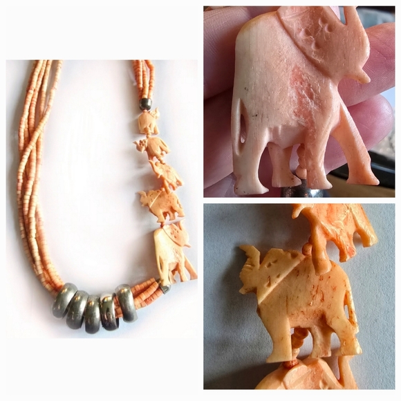 Vintage Jewelry - Vintage elephant necklace pink peach silver tone boho bohemian tribal